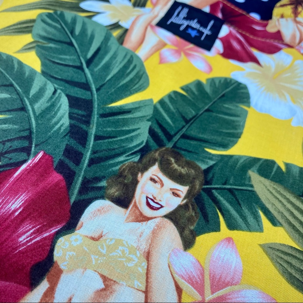 Retro Hawaiian pinup girls large yellow canvas nylon tote bag